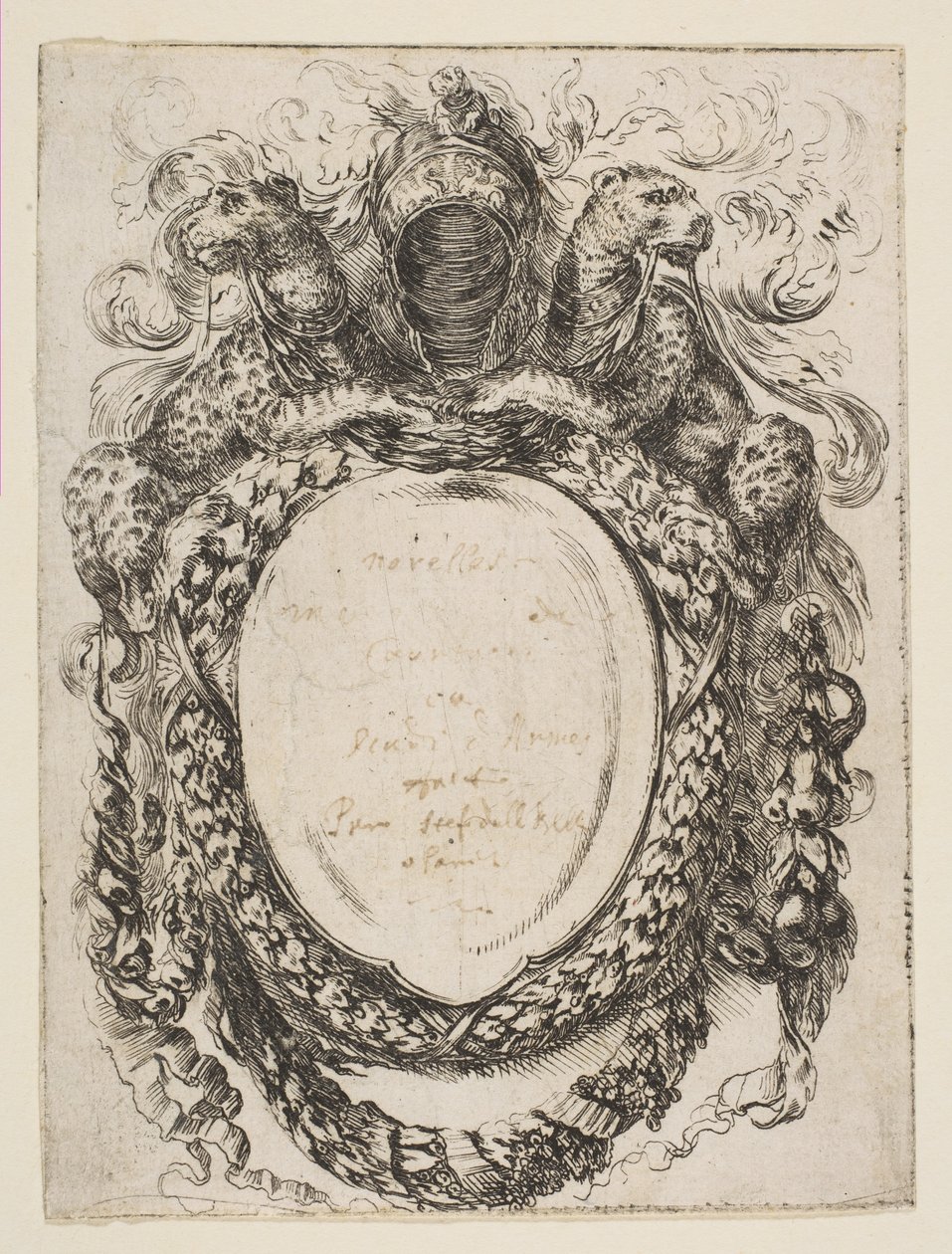 Cartouche gekroond door helm en luipaarden, 1647 door Stefano della Bella