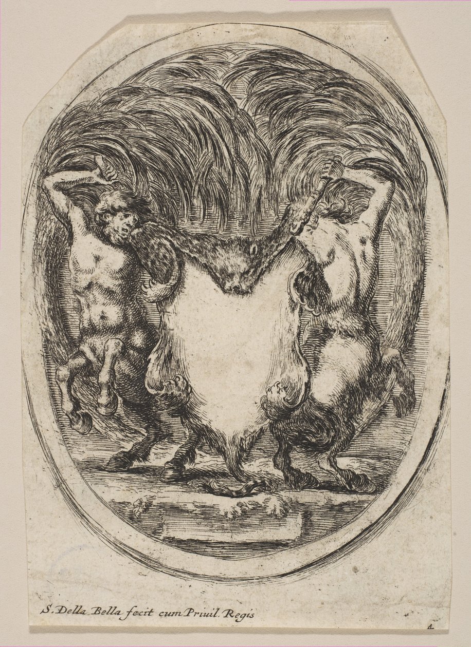 Cartouche gevormd door een tijgervel geflankeerd door twee centauren door Stefano della Bella