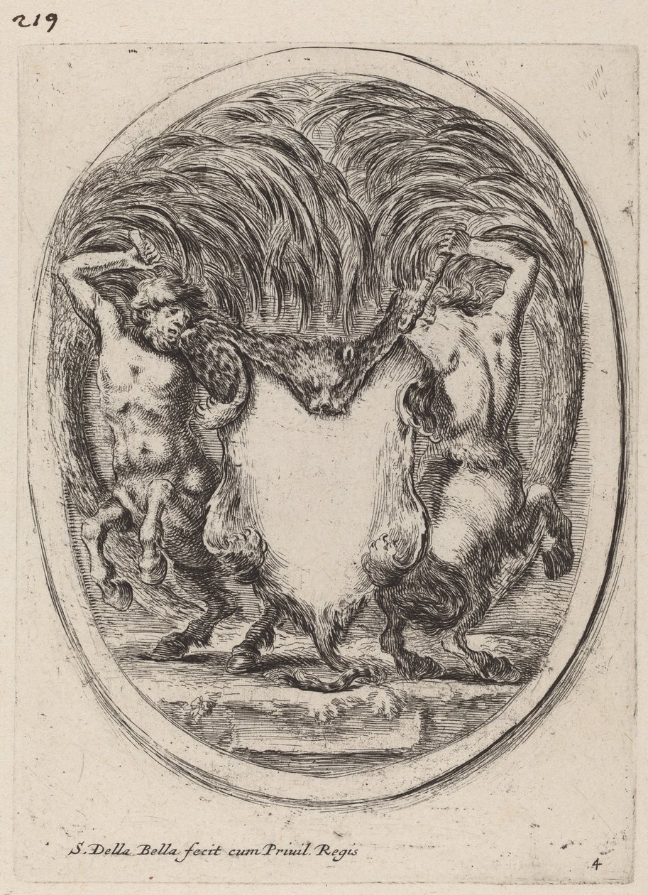 Cartouche in de vorm van een gevilde tijger ondersteund door centauren, 1647 door Stefano della Bella