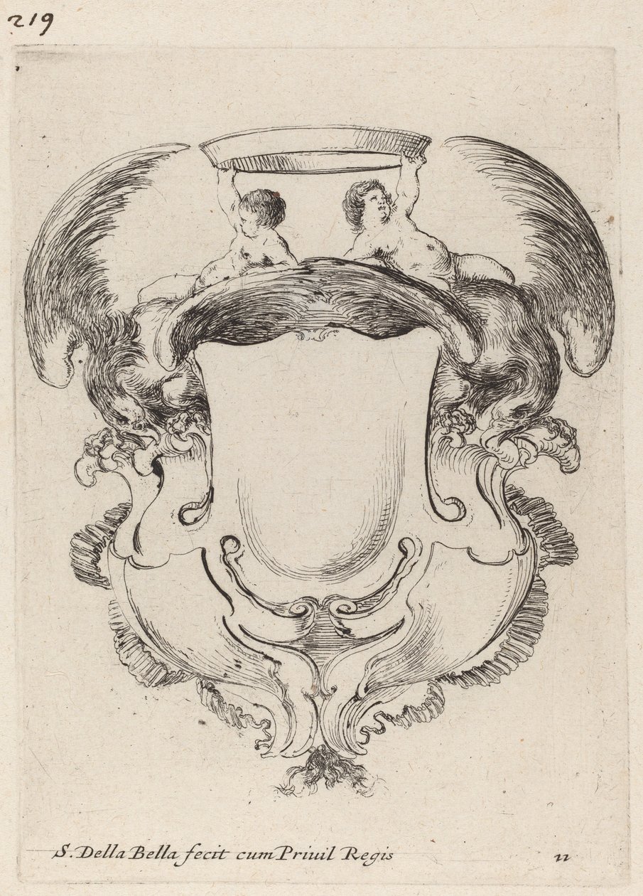 Cartouche met adelaars en twee kinderen die een kroon vasthouden door Stefano della Bella