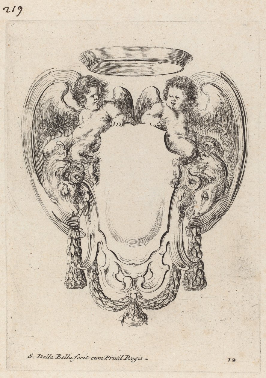 Cartouche met rammen en satyr kinderen door Stefano della Bella