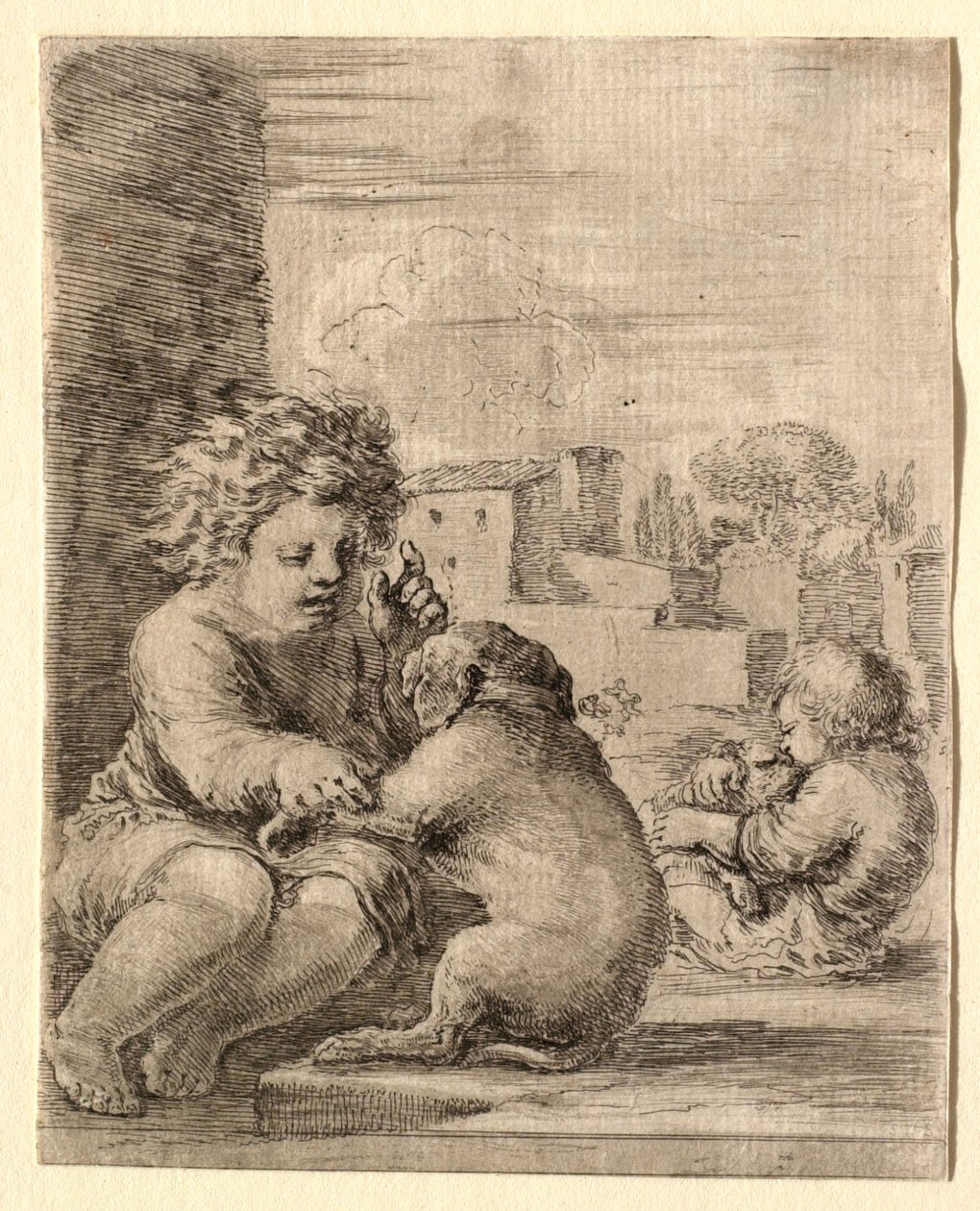 Kind dat een hond leert op zijn achterpoten te zitten door Stefano della Bella