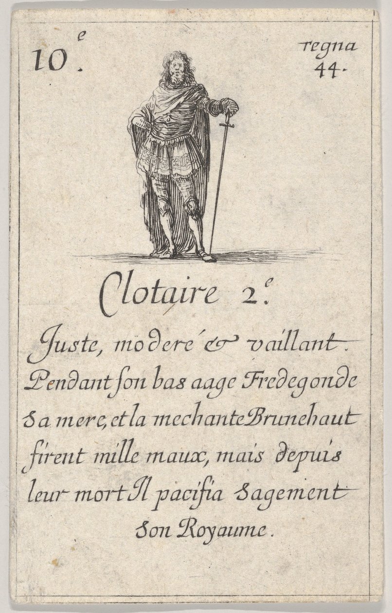 Clotaire 2.-e Juste, gematigd..., uit Spel van de Koningen van Frankrijk Jeu des Rois de Fran..., 1644 door Stefano della Bella