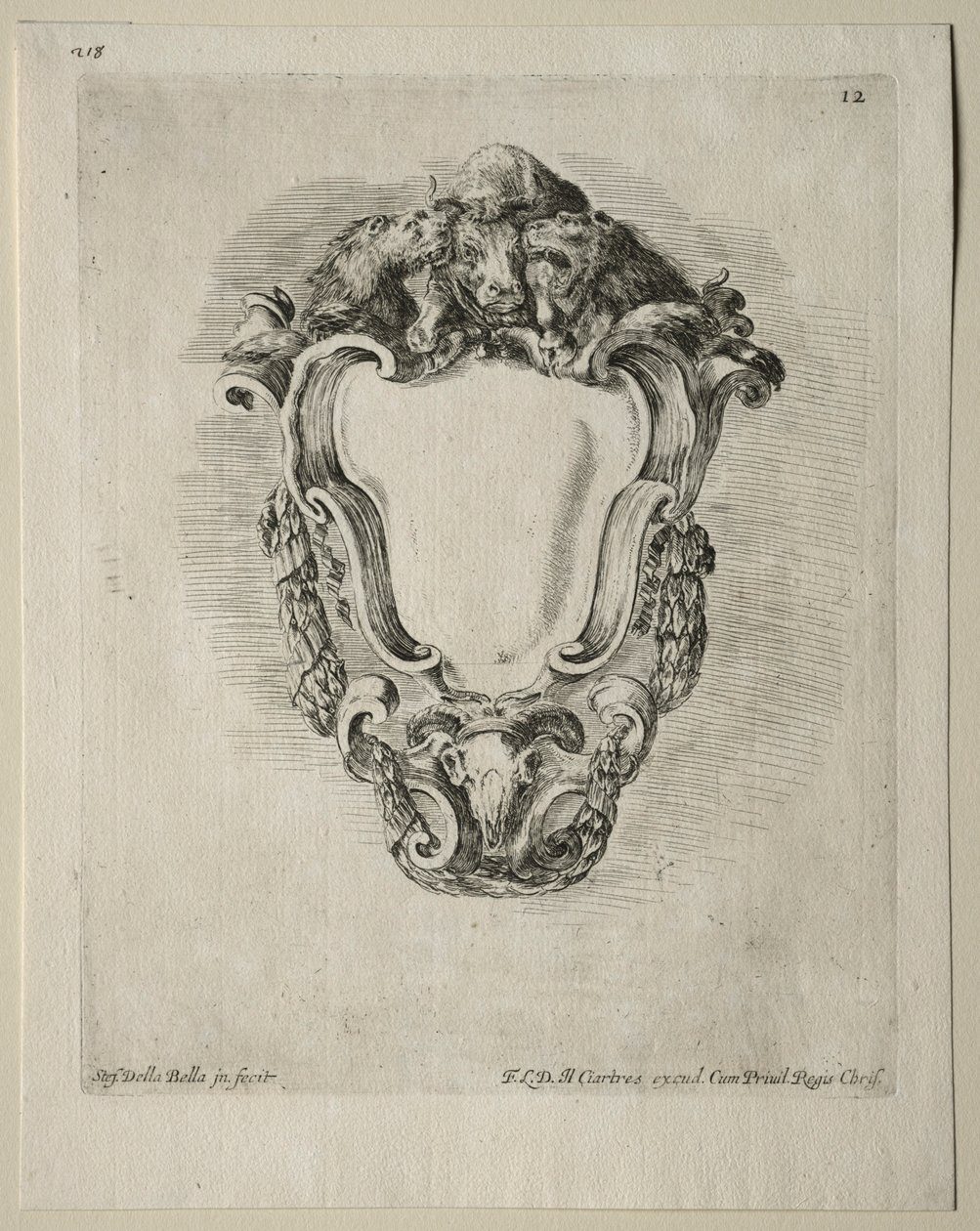 Collectie van Verschillende Caprices en Nieuwe Ontwerpen van Cartouches en Ornamenten: Nr. 12 door Stefano della Bella