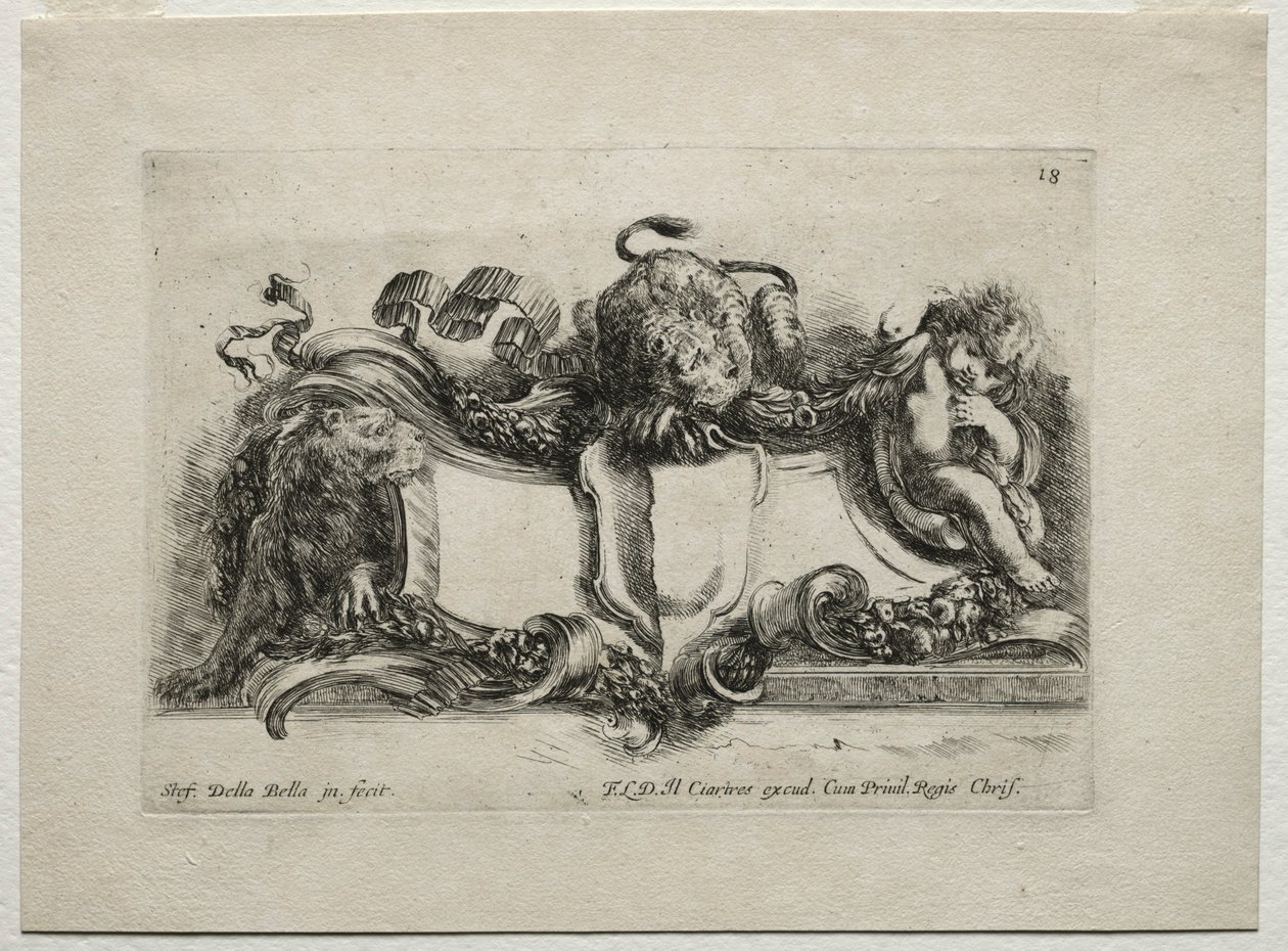 Collectie van verschillende caprices en nieuwe ontwerpen van cartouches en ornamenten: Nr. 18 door Stefano della Bella
