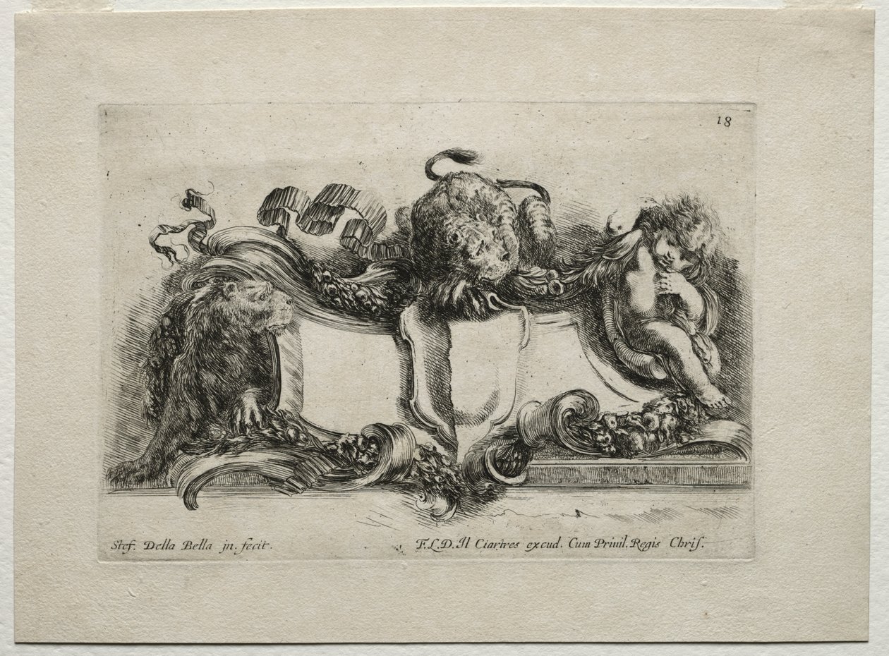 Collectie van verschillende caprices en nieuwe ontwerpen van cartouches en ornamenten: Nr. 18 door Stefano della Bella