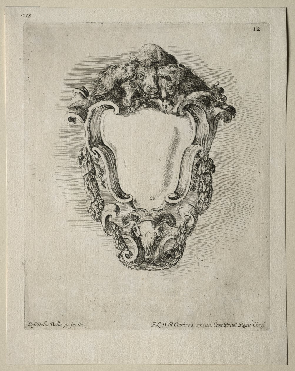 Collectie van Verschillende Caprices en Nieuwe Ontwerpen van Cartouches en Ornamenten: No 12 door Stefano della Bella