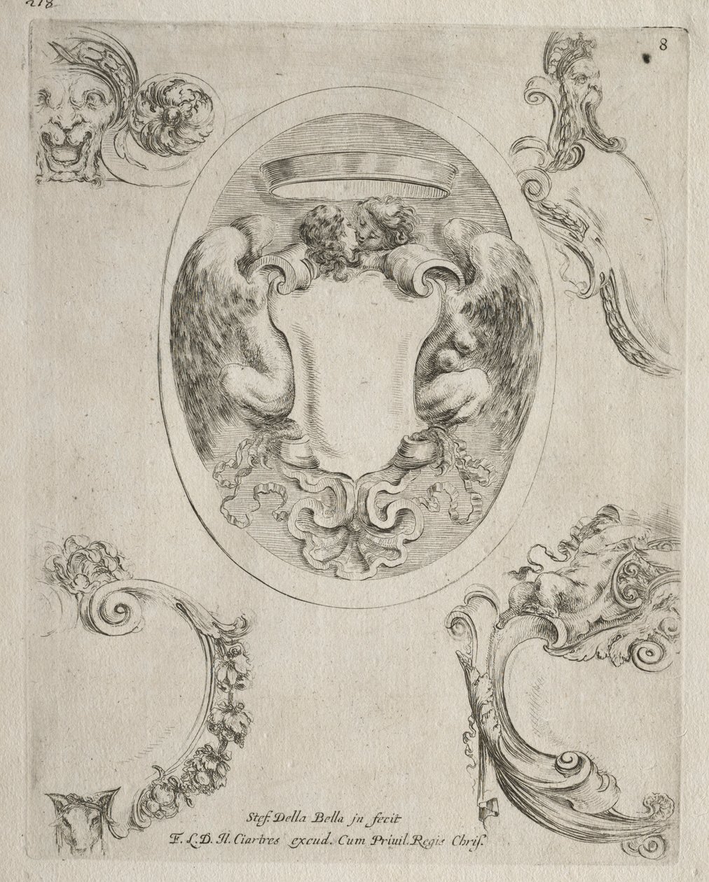 Collectie van verschillende caprices en nieuwe ontwerpen van cartouches en ornamenten: nr. 8 door Stefano della Bella