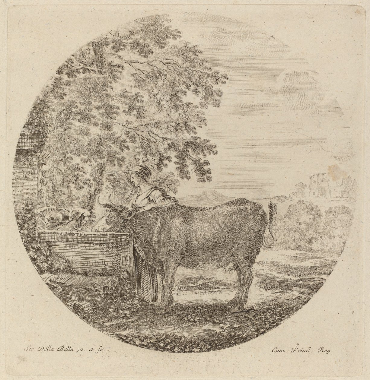 Koe en Jonge Herder bij een Fontein door Stefano della Bella