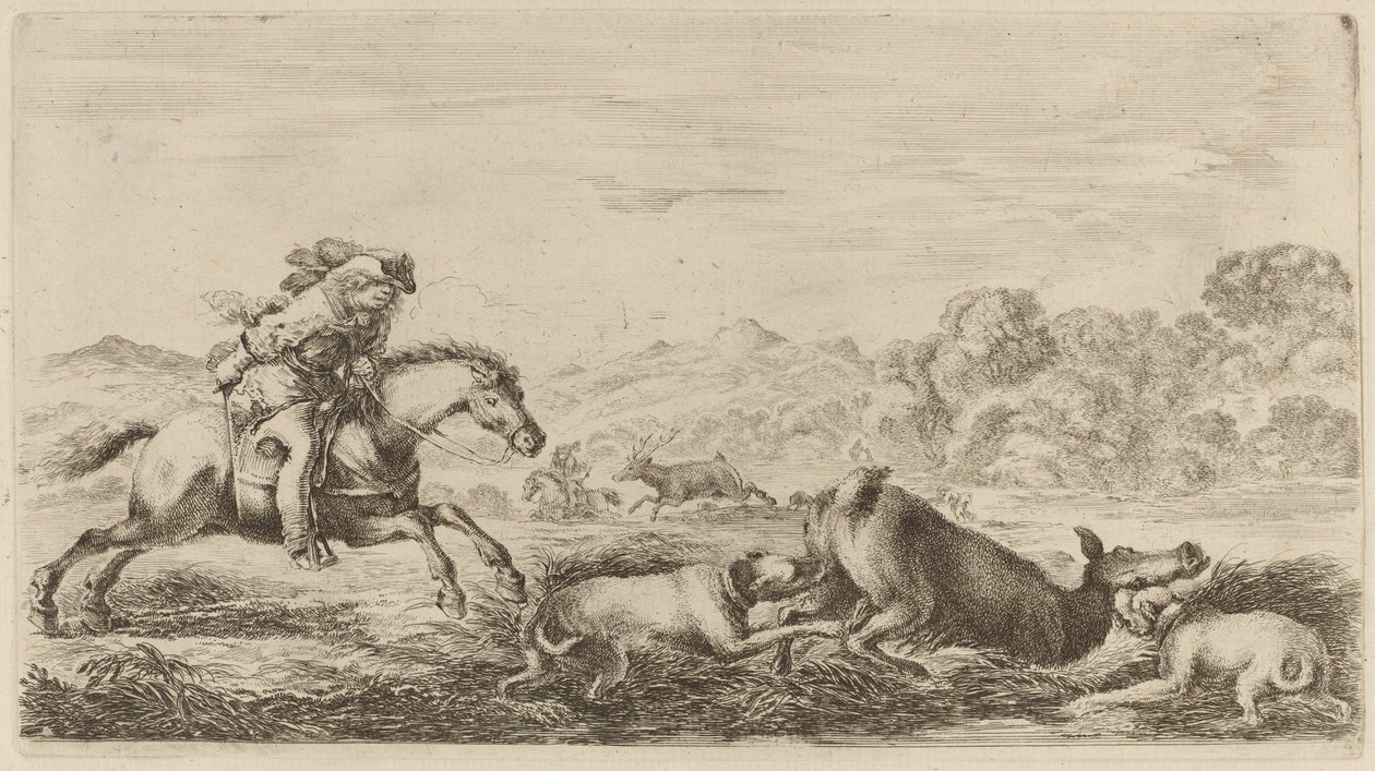 Hinde in een Moeras Aangevallen door Twee Honden door Stefano della Bella