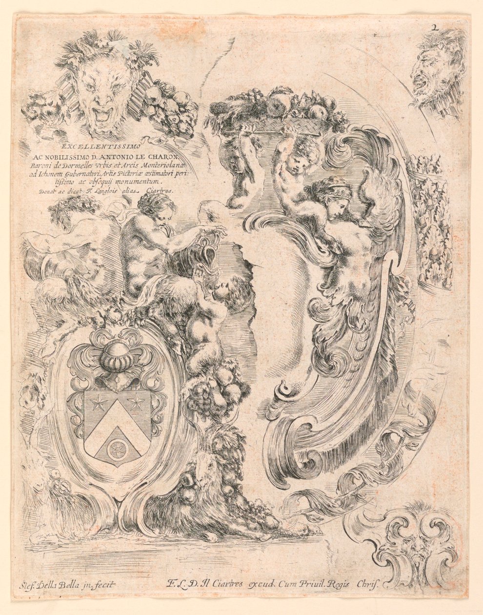 Esctucheons en details voor escutcheons, nr. 2 uit "Raccolta di varii cappriccii et nove inventioni di cartelle et ornamenti" door Stefano della Bella