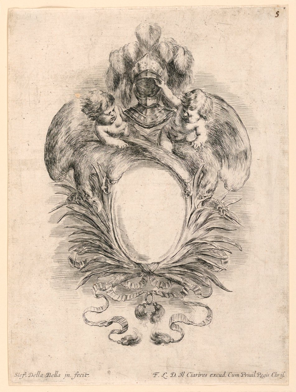 Wapenschild, nr. 5 uit "Raccolta di varii cappriccii et nove inventioni di cartelle et ornamenti" door Stefano della Bella
