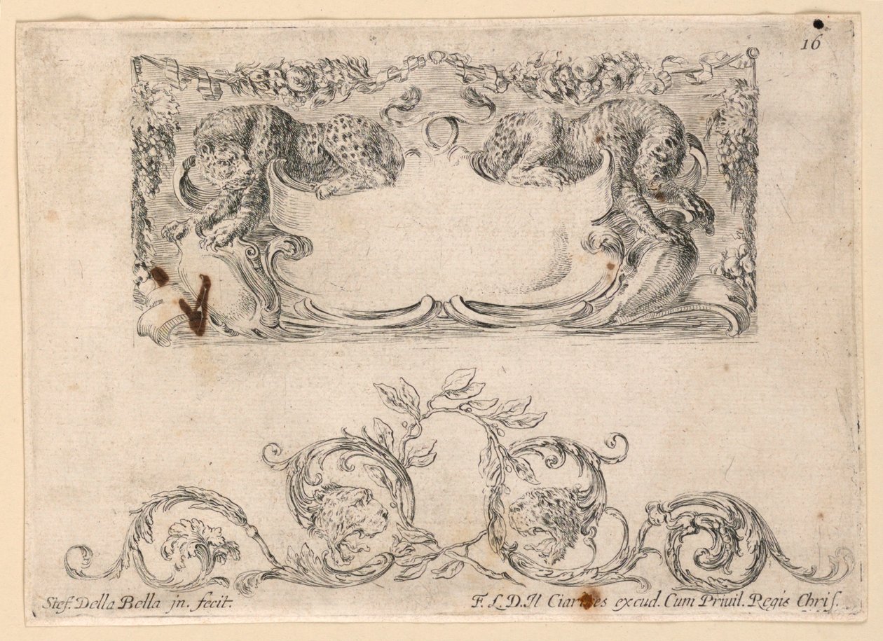 Wapenschild, Rinceaux, nr. 16 uit "Raccolta di varii cappriccii et nove inventioni di cartelle et ornamenti" door Stefano della Bella