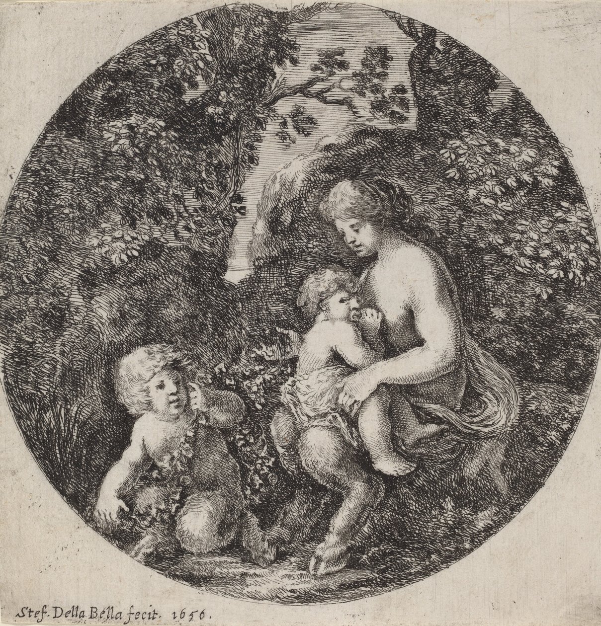 Vrouwelijke sater die een kind voedt in een boslandschap, 1656 door Stefano della Bella