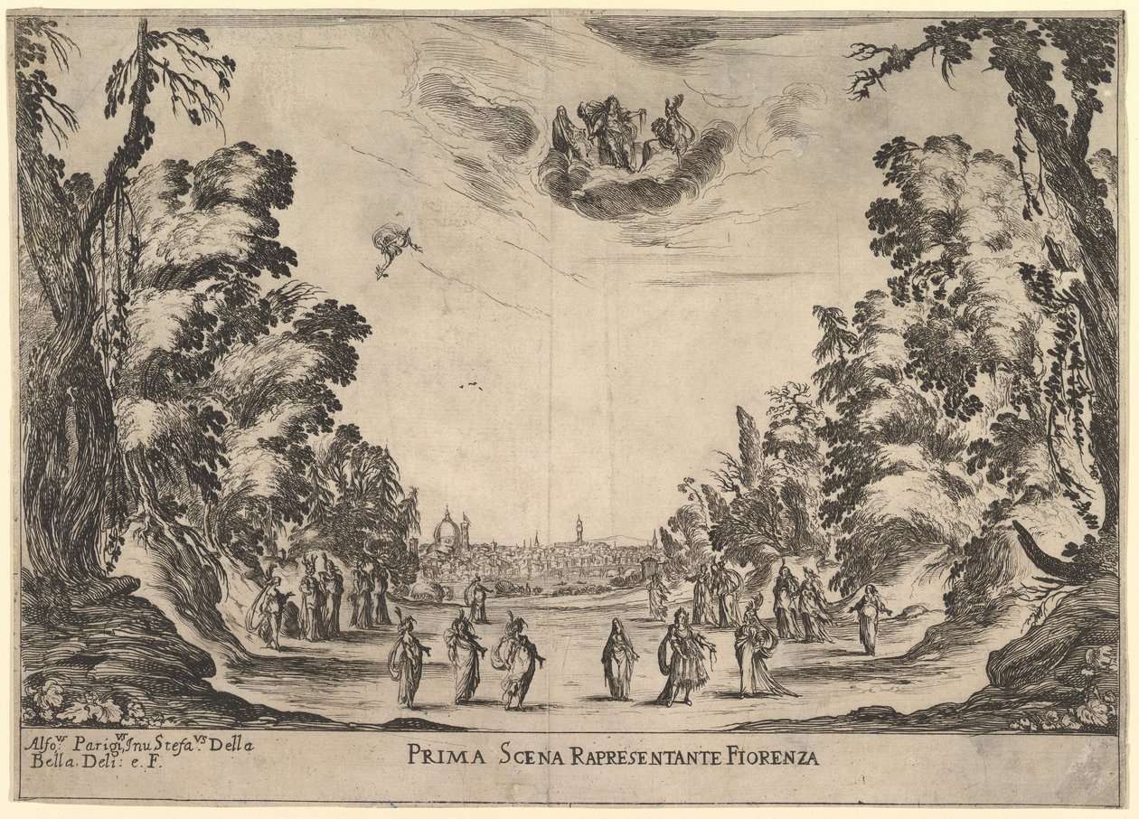 Eerste scène, in Florence, uit Het huwelijk van de goden, 1637 door Stefano della Bella