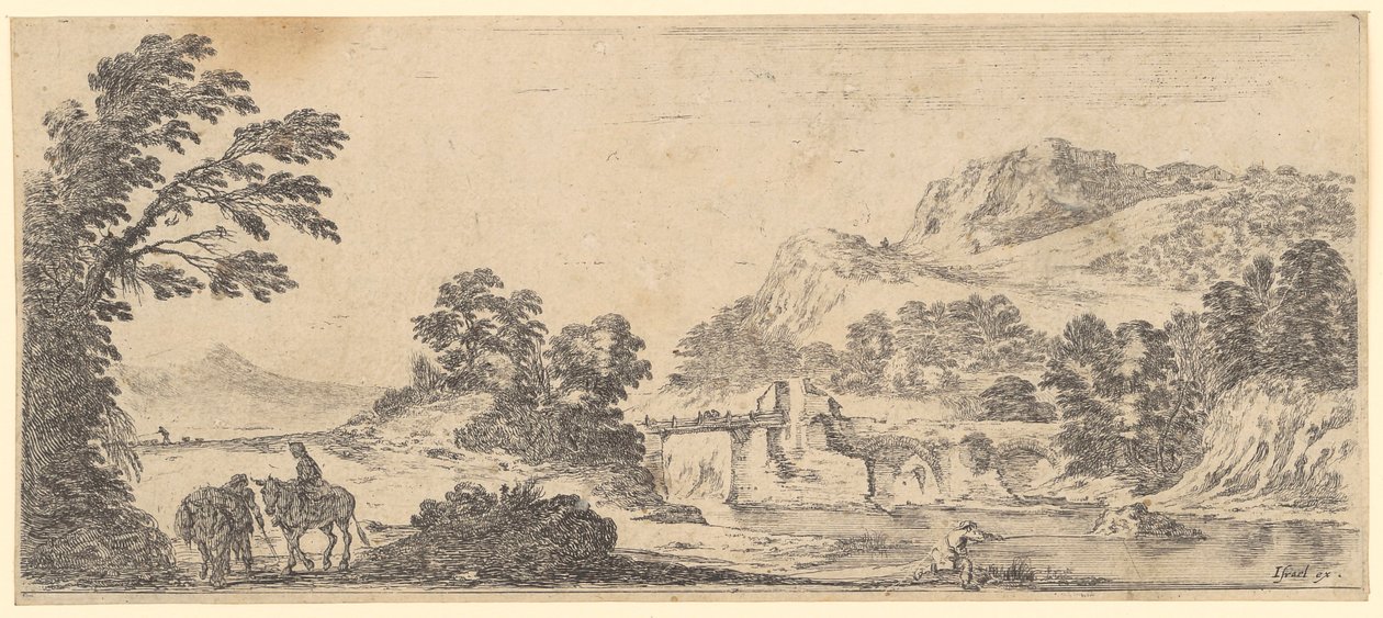 Rivierlandschap met stenen brug door Stefano della Bella