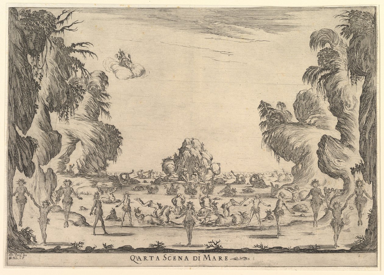 Vierde scène, de zee, uit Het huwelijk van de goden Le nozze degli Dei, 1637 door Stefano della Bella