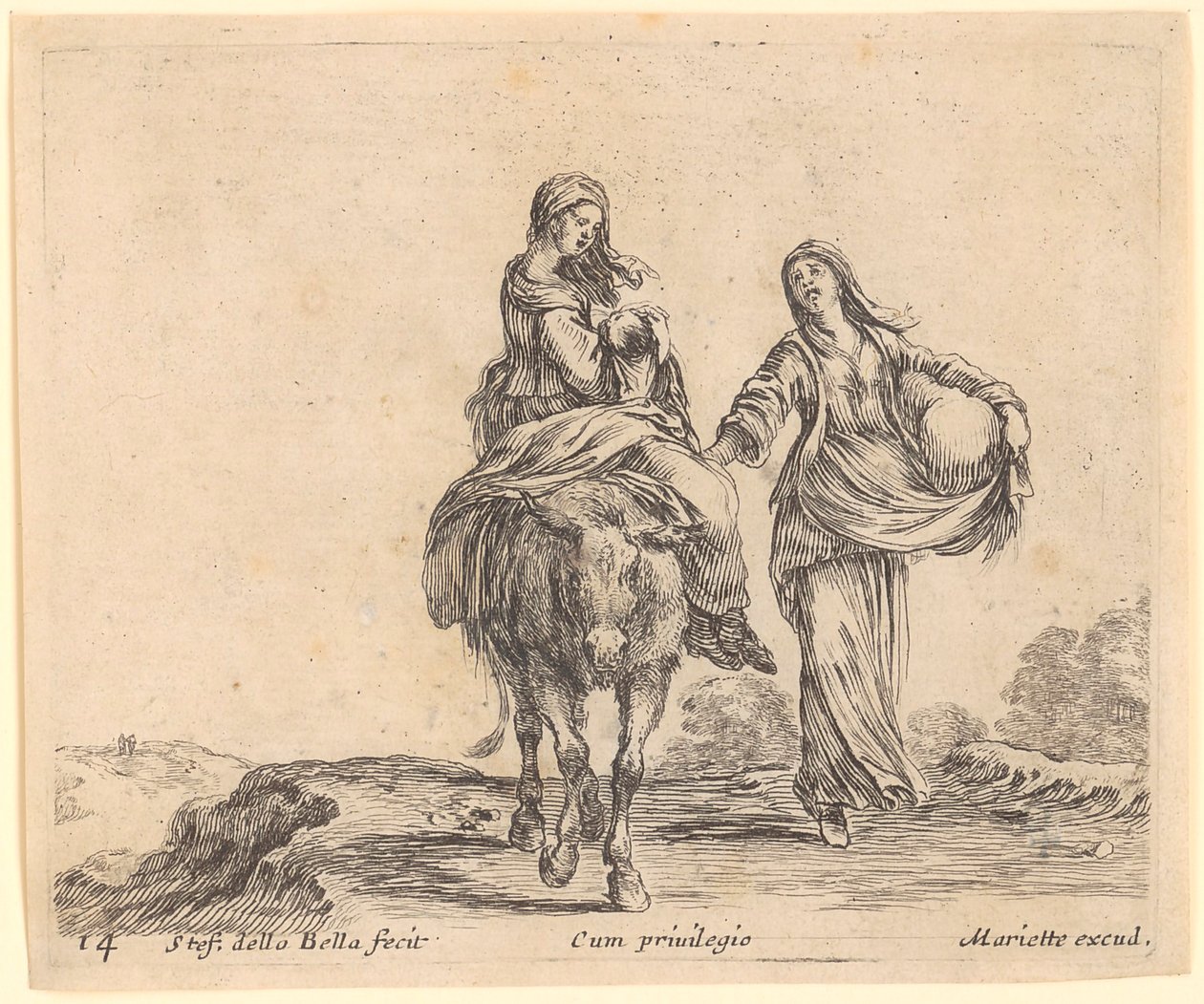 Vrouw met kind op een ezel, vergezeld door een tweede vrouw door Stefano della Bella