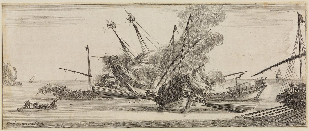 Vrede en oorlog (Et pace et bello): zeeslag waarbij drie galeien een vierde hebben omsingeld door Stefano della Bella