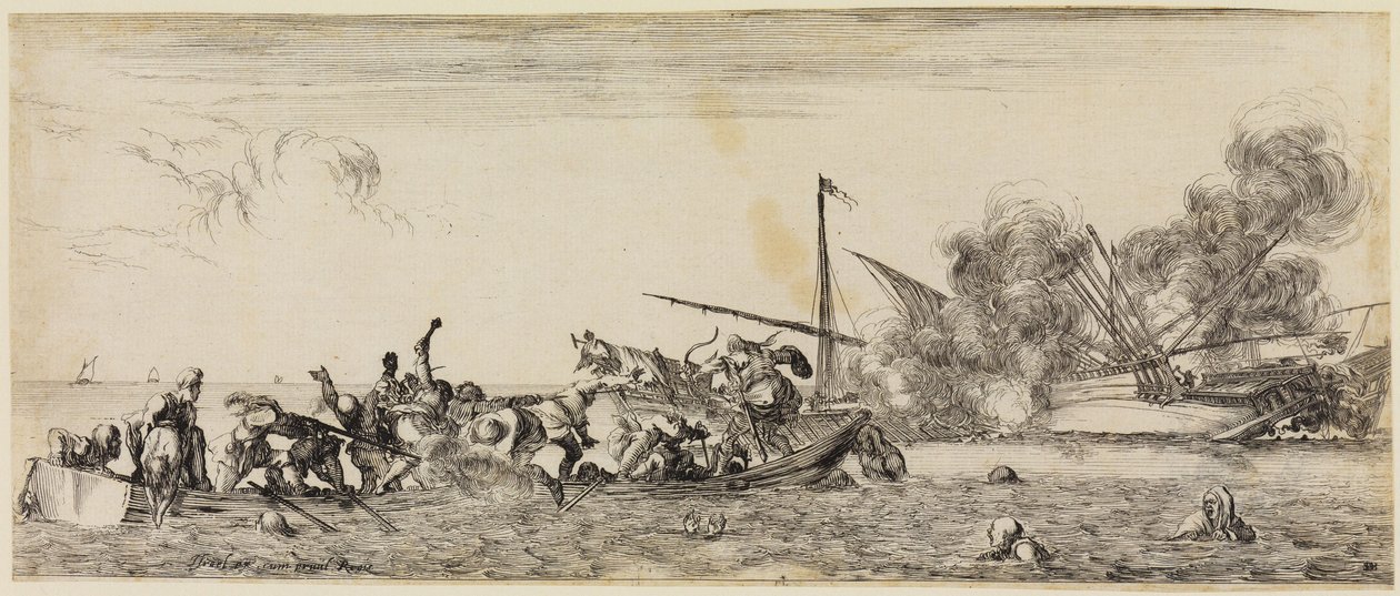 Vrede en oorlog (Et pace et bello): zeeslag met een roeiboot op de voorgrond door Stefano della Bella