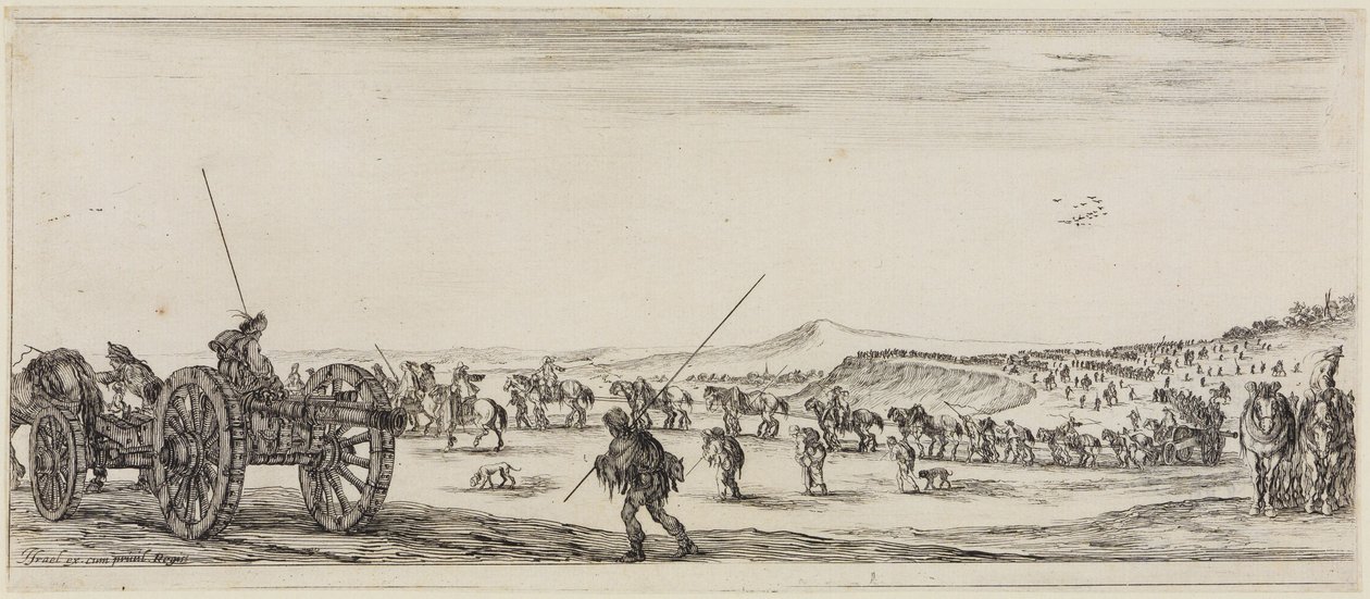 Vrede en oorlog (Et pace et bello): treinen met kanonnen en twee soldaten, uitgerust met lange lansen door Stefano della Bella
