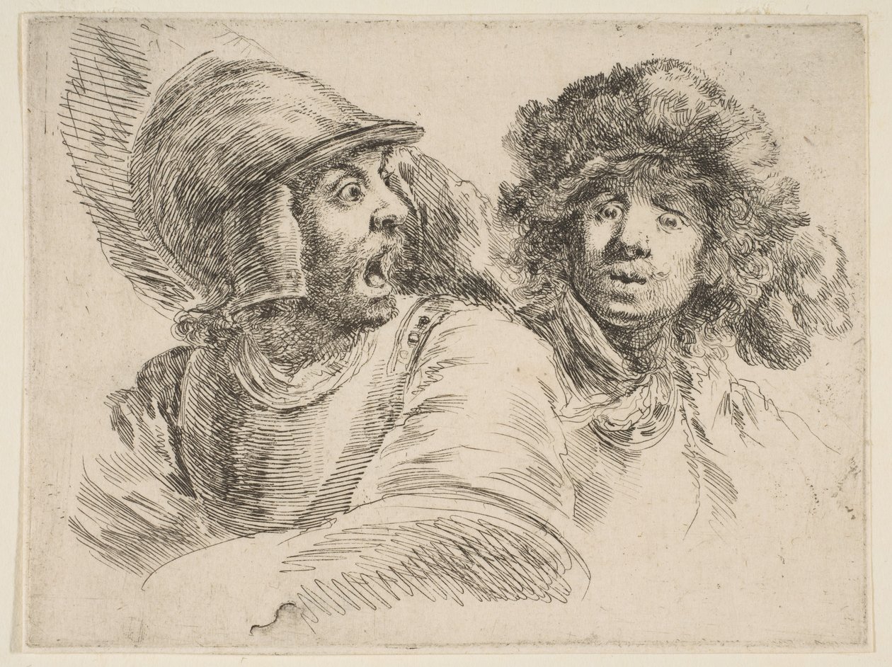 Geschrokken soldaat en een man met een bontmuts, ca. 1652 door Stefano della Bella