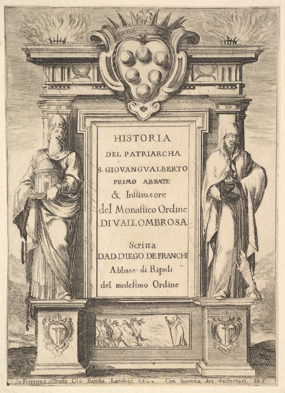 Frontispice: een monument versierd met het Medici-wapen bovenaan in het midden, vlammen door Stefano della Bella