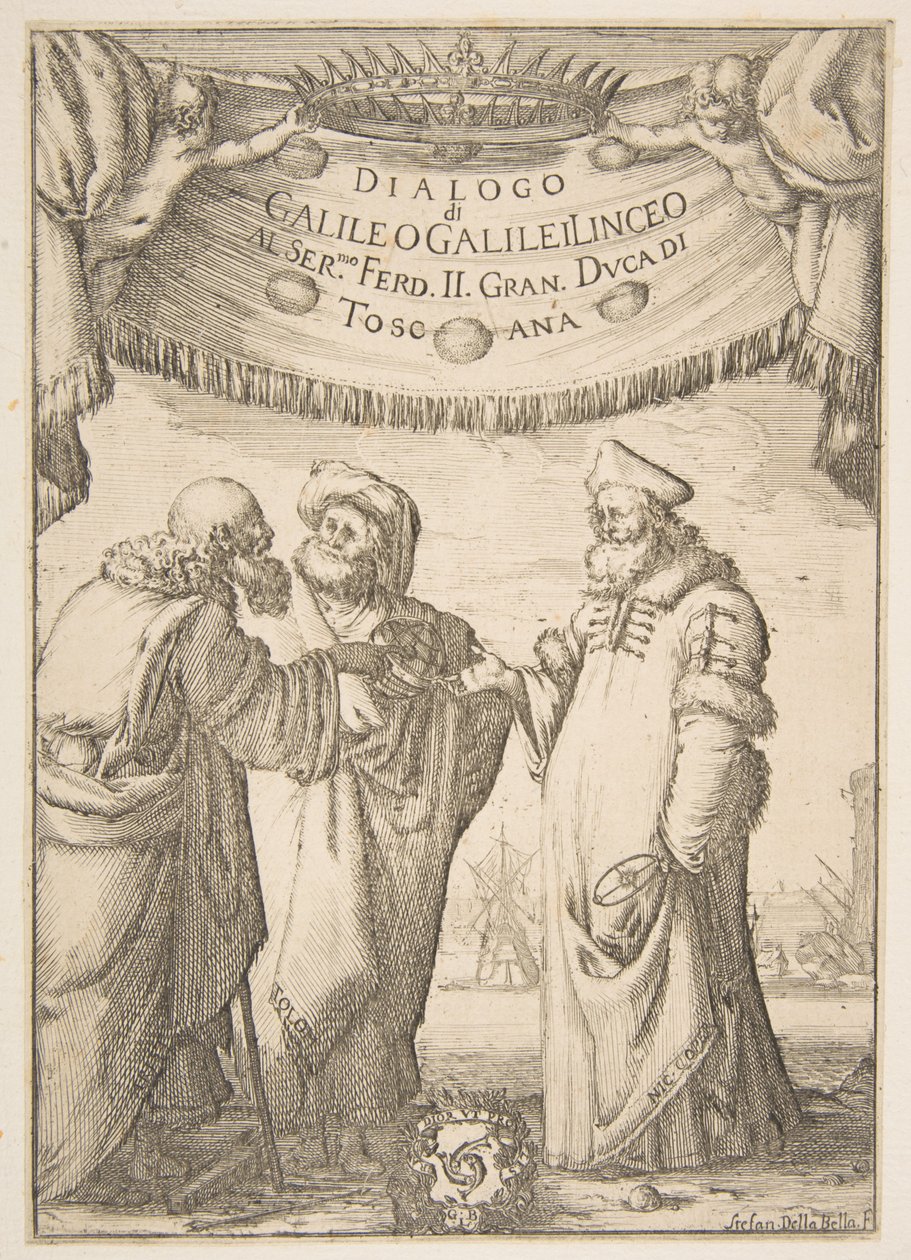 Frontispice voor Dialogo di Galileo Galilei door Stefano della Bella