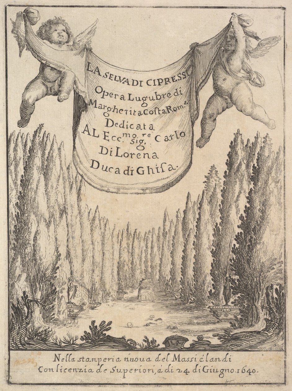 Frontispice voor Het cipressenbos La selva di cipressi: twee putti houden een wandtapijt vast, 1640 door Stefano della Bella