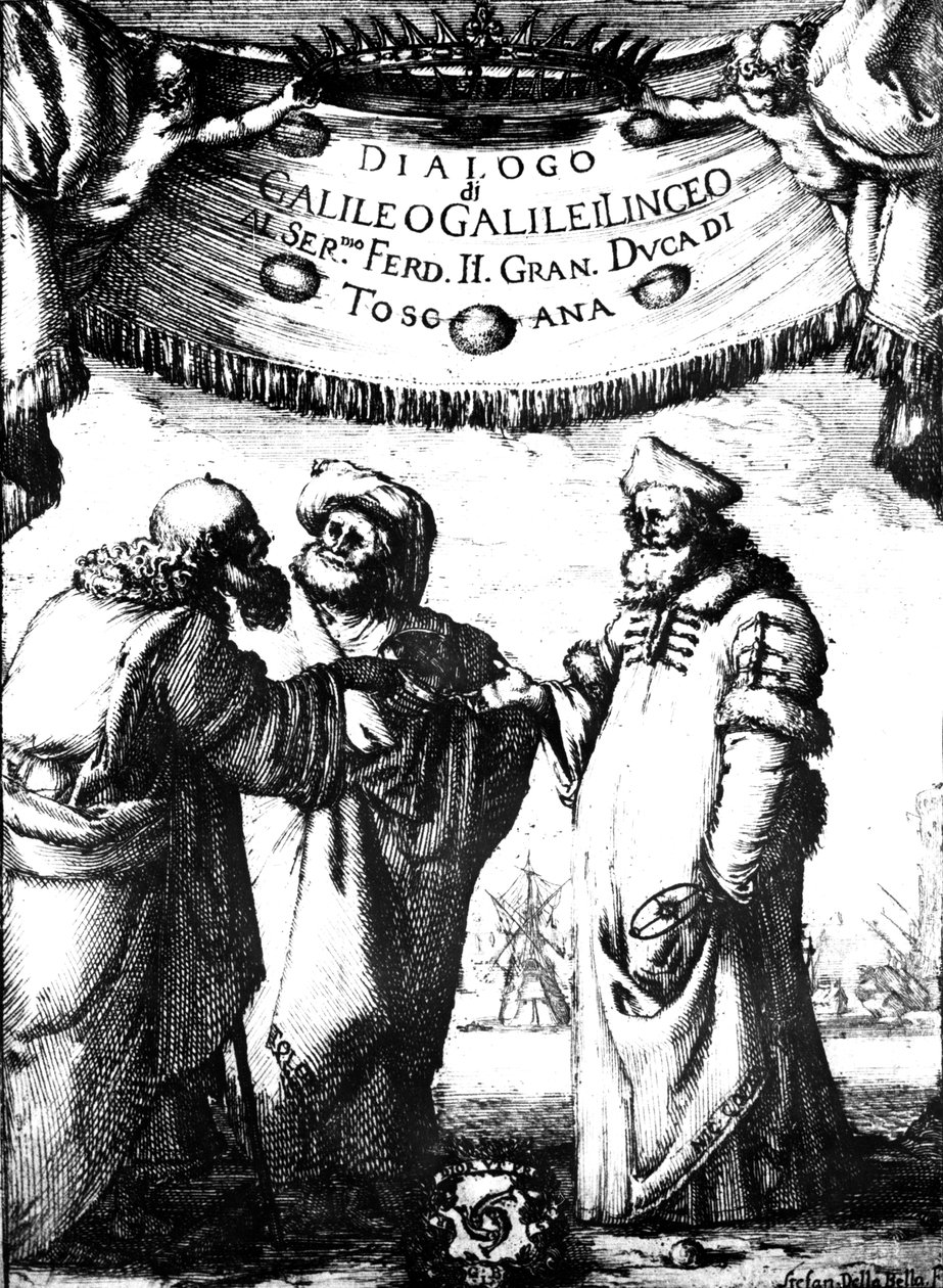 Frontispice van Galileos Dialogo dei Massimi Sistemi door Stefano della Bella