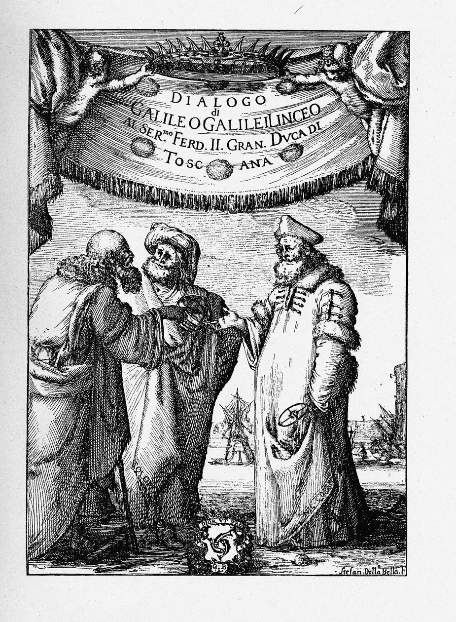 Frontispice van de Dialoog over de Twee Belangrijkste Wereldsystemen door Galileo Galilei, 1632 door Stefano della Bella