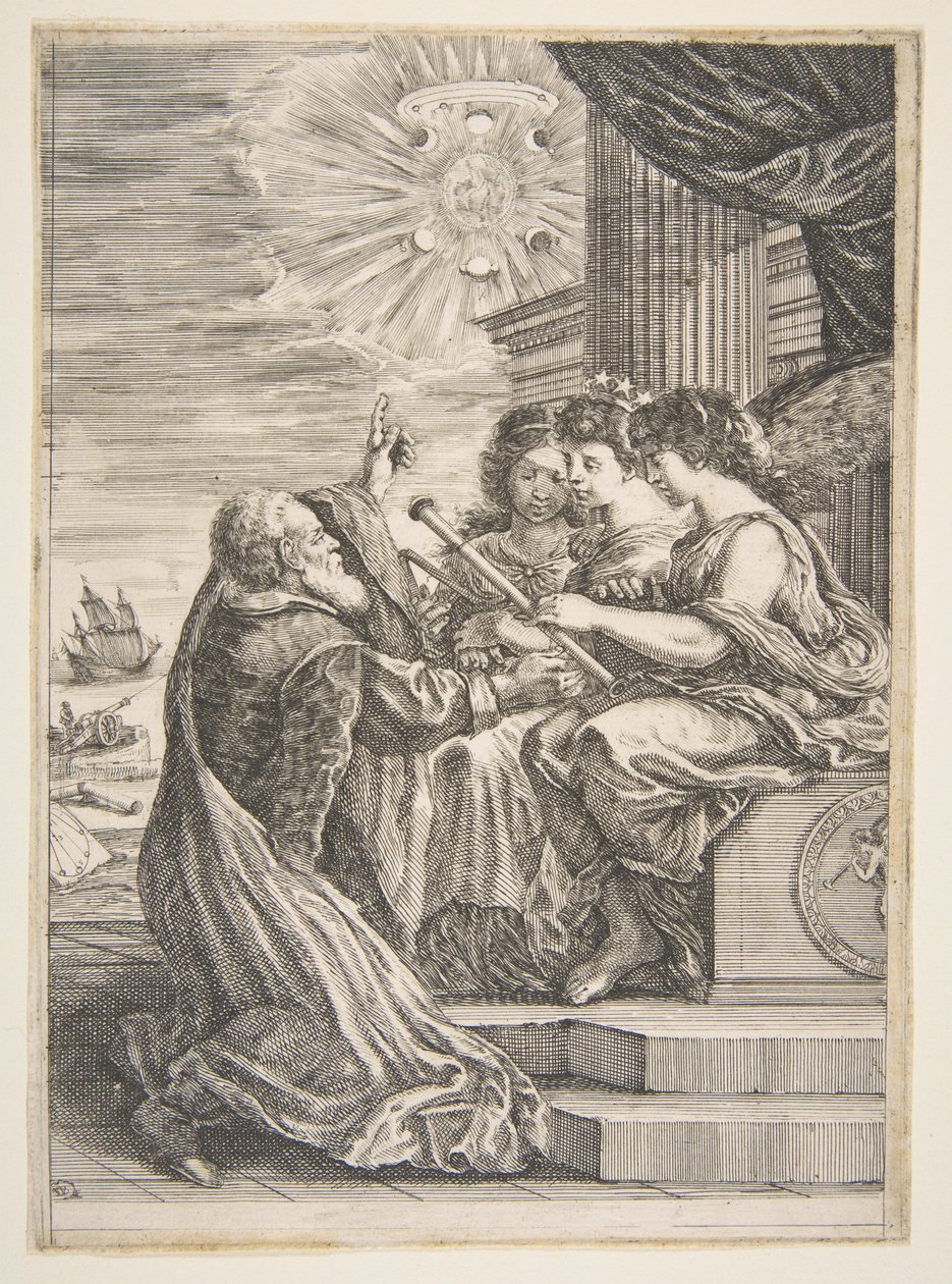 Galileo en personificaties van Astronomie, Perspectief en Wiskunde, frontispice voor door Stefano della Bella
