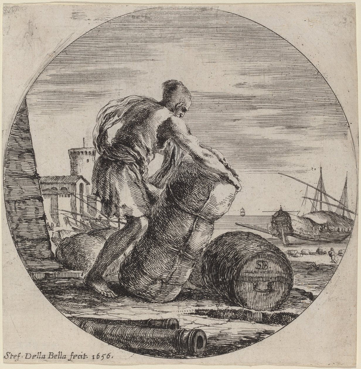 Galeislaaf die het Vrachtschip Trekt door Stefano della Bella