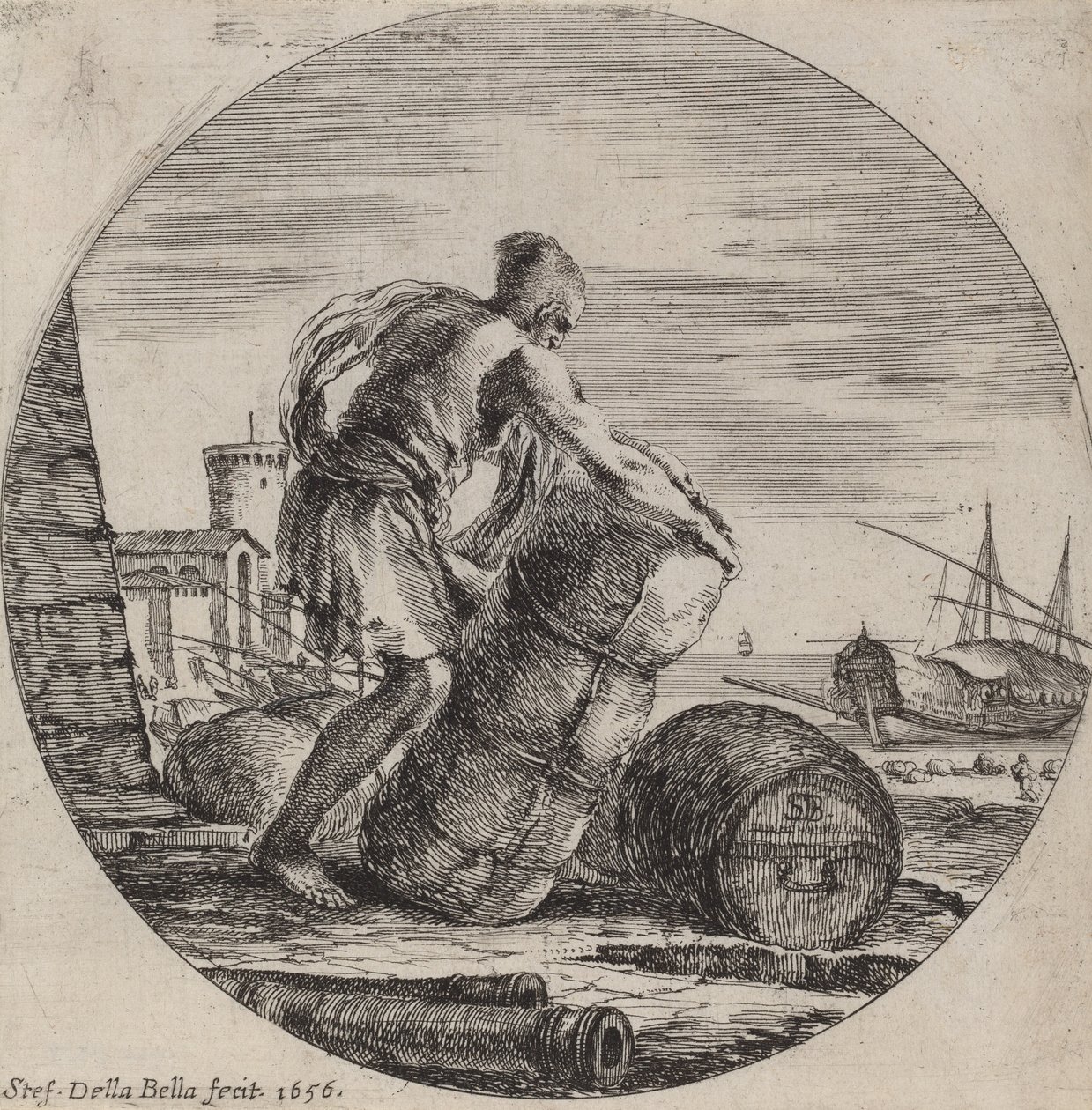 Galeislaaf die de lading van een schip sleept door Stefano della Bella
