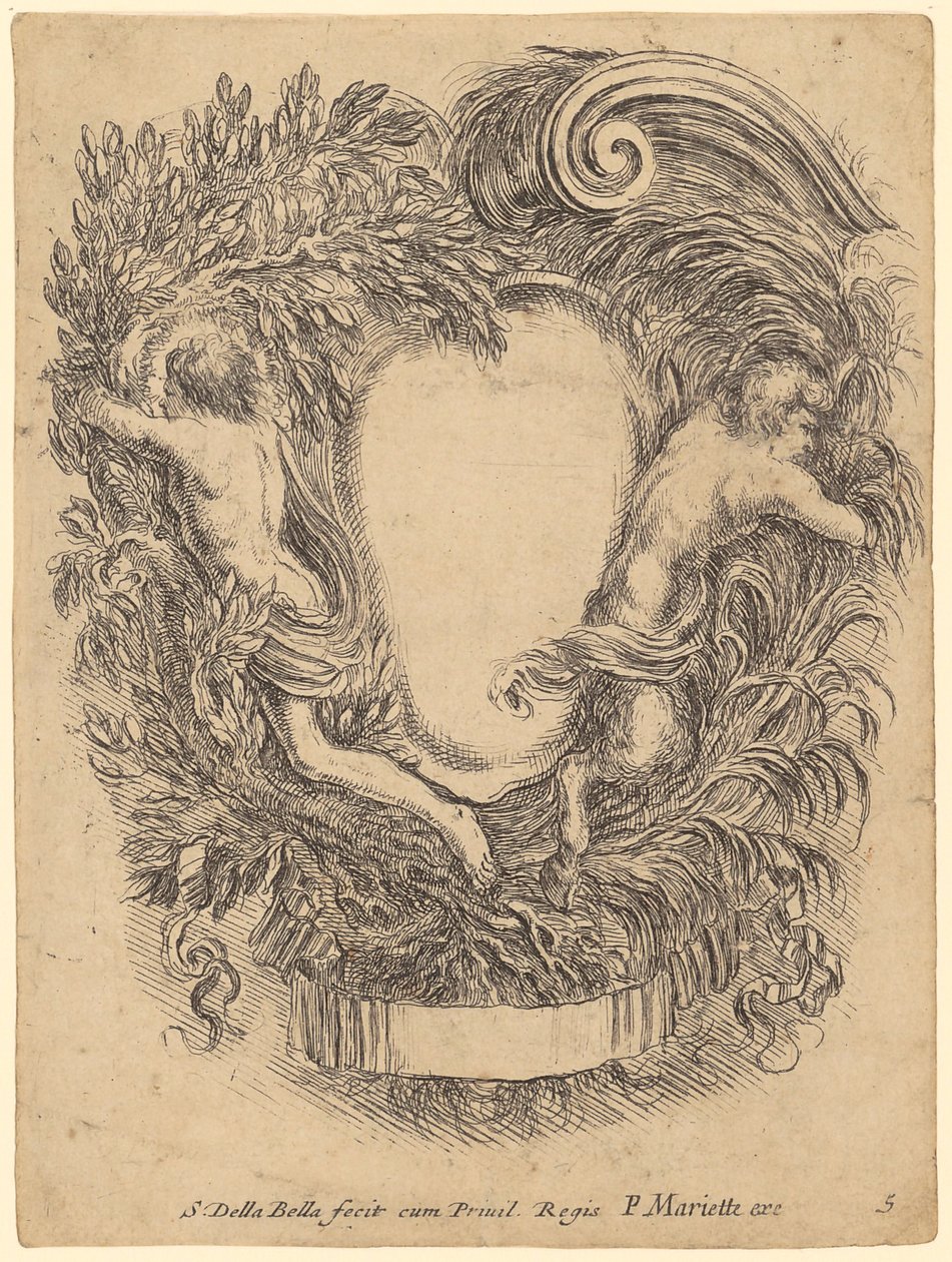 Cartouche met een mens en een satyr door Stefano della Bella