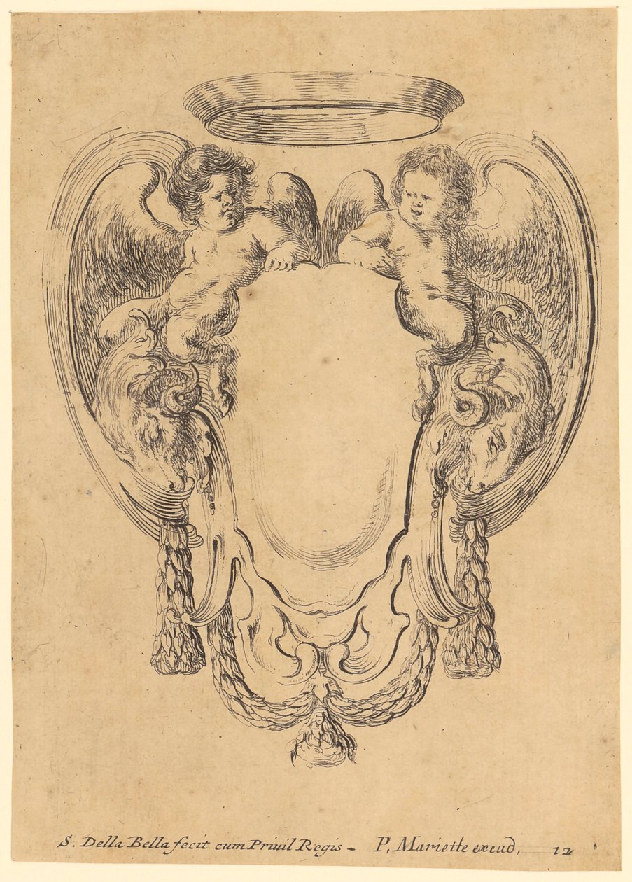 Cartouche met satyrkinderen en ramkoppen door Stefano della Bella