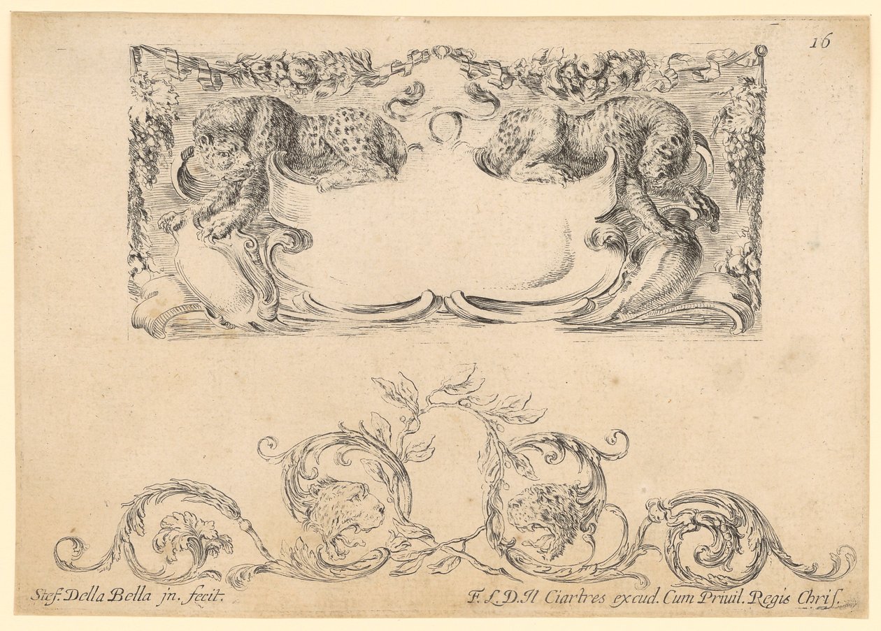 Cartouche met twee luipaarden, onderaan een decoratieve fries met twee luipaardkoppen door Stefano della Bella
