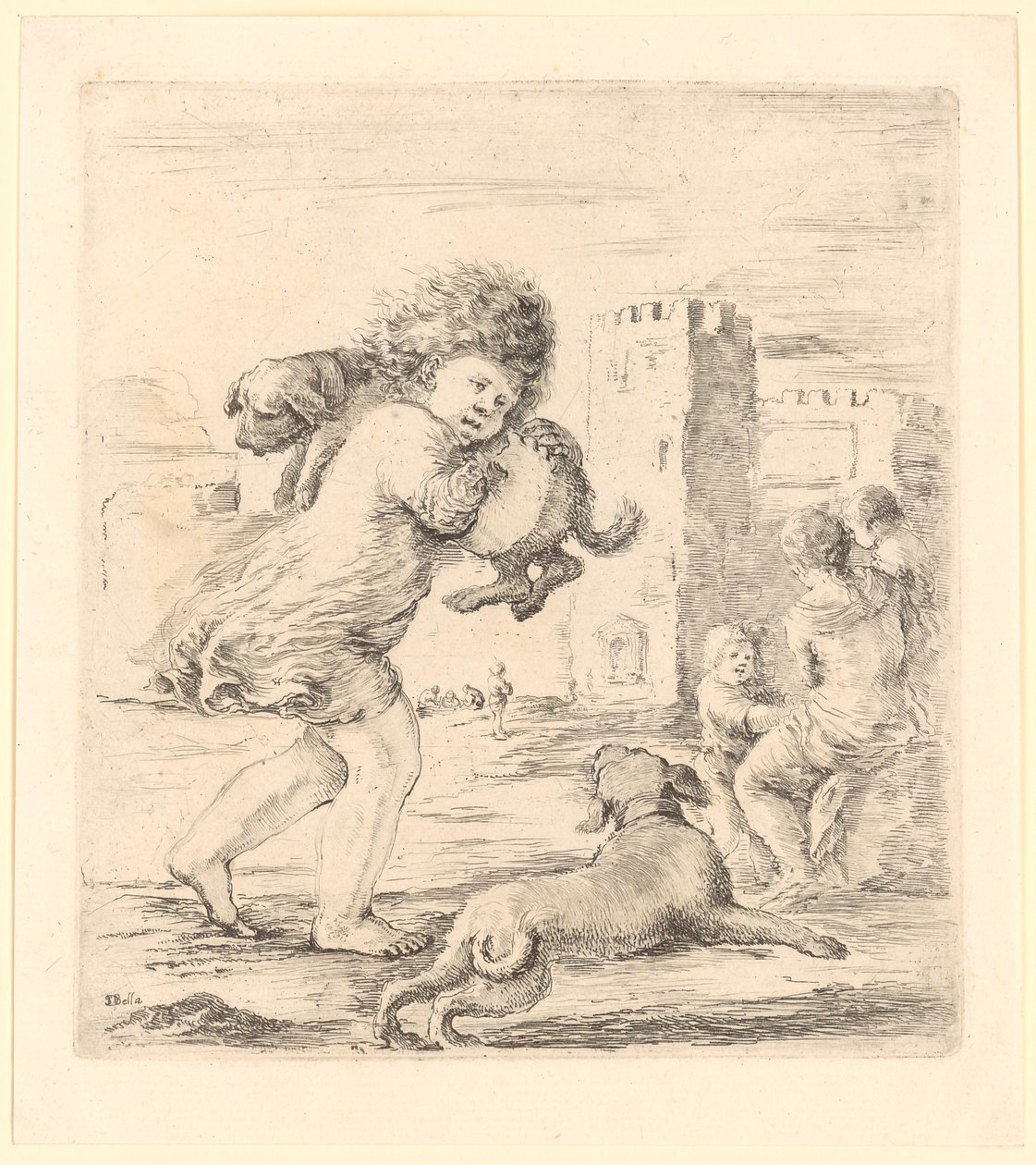 Een kind draagt een puppy op zijn linkerschouder door Stefano della Bella