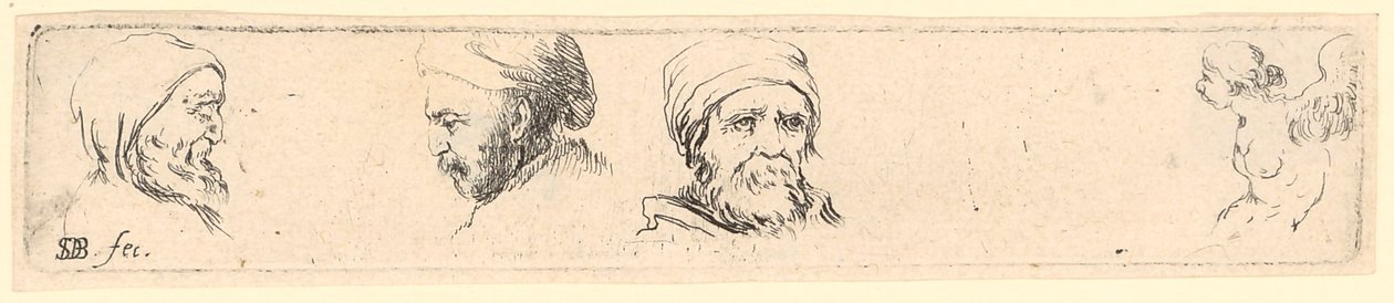 Kopstudies van drie filosofen, rechts studie van een gevleugelde figuur door Stefano della Bella