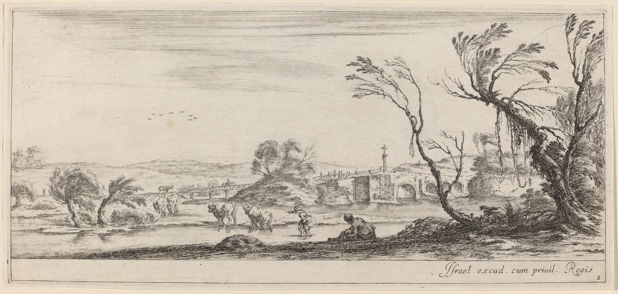 Landschap met boer die zich voorbereidt om een stroom over te steken, in of voor 1647 door Stefano della Bella