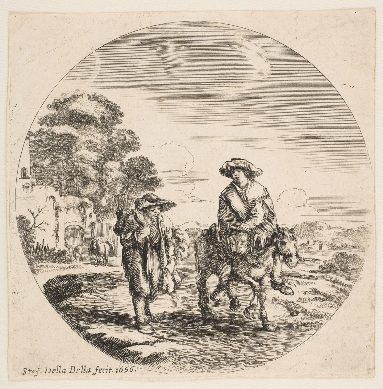 Landschap met twee boeren, een te paard, uit Landschappen en havens Paysages ..., 1656 door Stefano della Bella