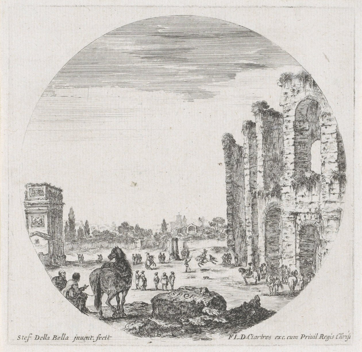 Landschap met het Colosseum en de Boog van Constantijn (Landschappen en ruïnes te Rome) door Stefano della Bella