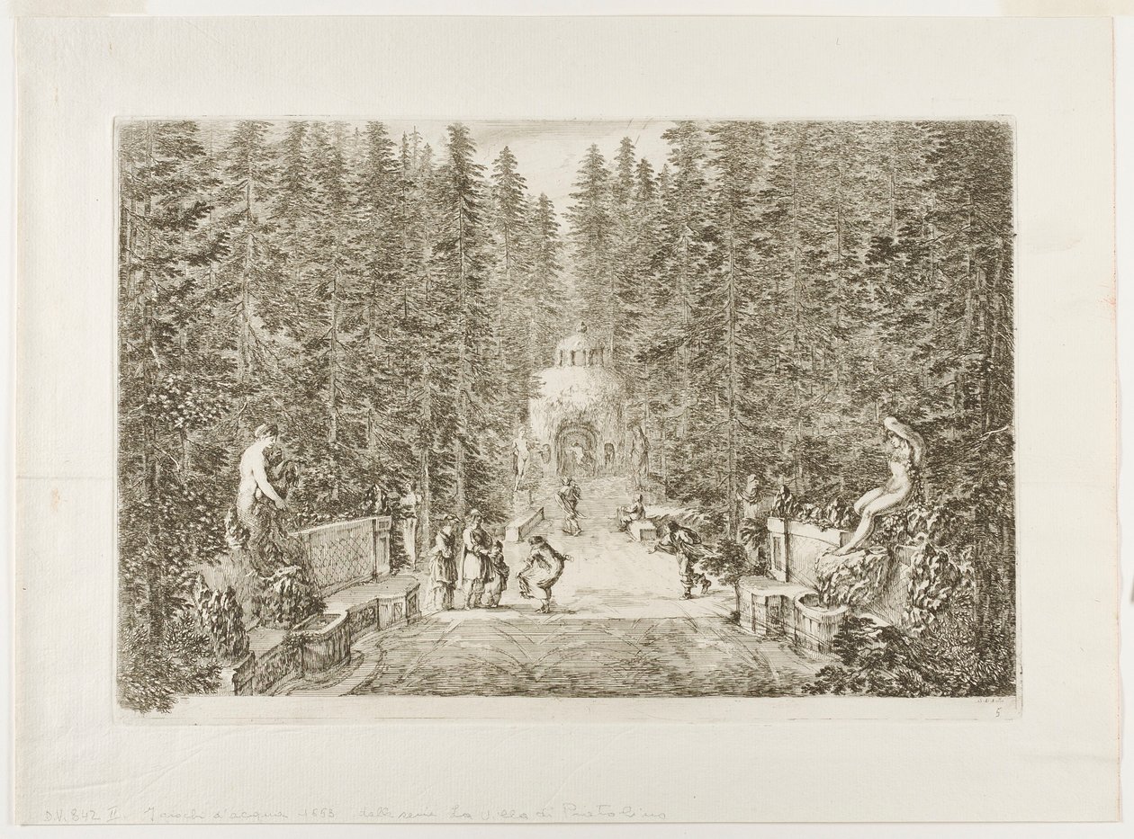 Waterstralen die uit de grond komen, vanuit de villa in Pratolino door Stefano della Bella