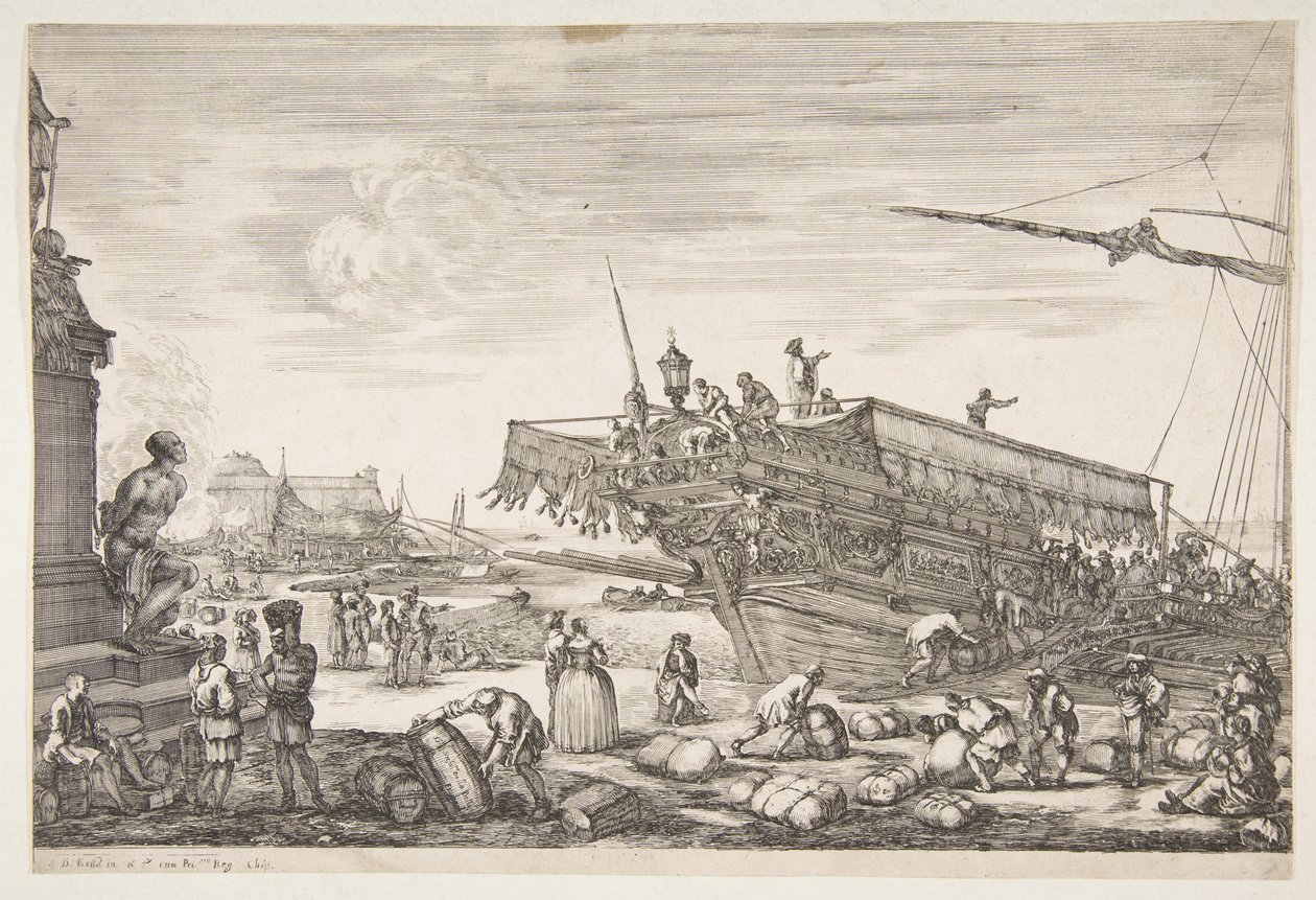 Laden van een galei, uit Zichten van de haven van Livorno, 1654-55 door Stefano della Bella