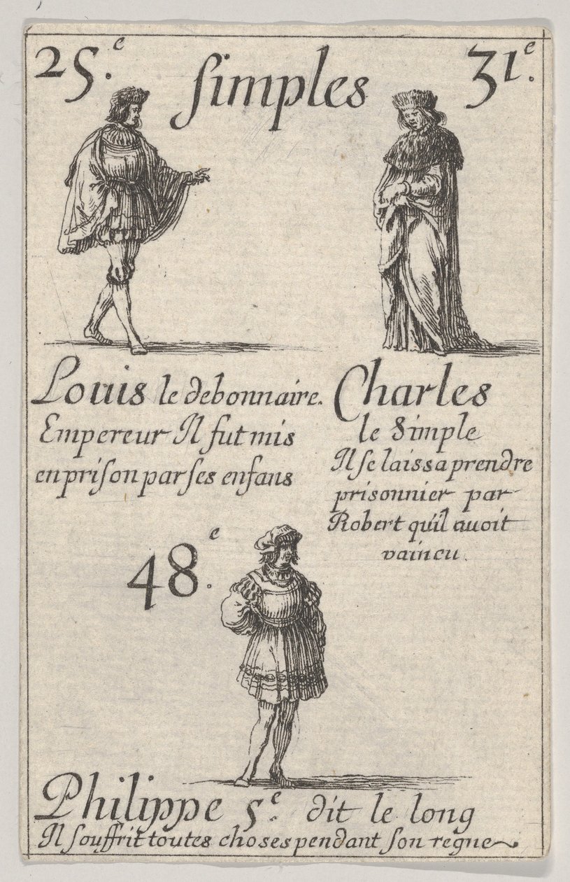 Lodewijk de Vrome... Karel de Eenvoudige, uit Het Spel van de Koningen van Frankrijk, 1644 door Stefano della Bella
