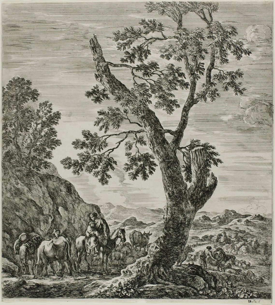 Bereden boerin met een kind in haar armen, plaat zes uit De zes grote uitzichten van Rome en de Campagna door Stefano della Bella
