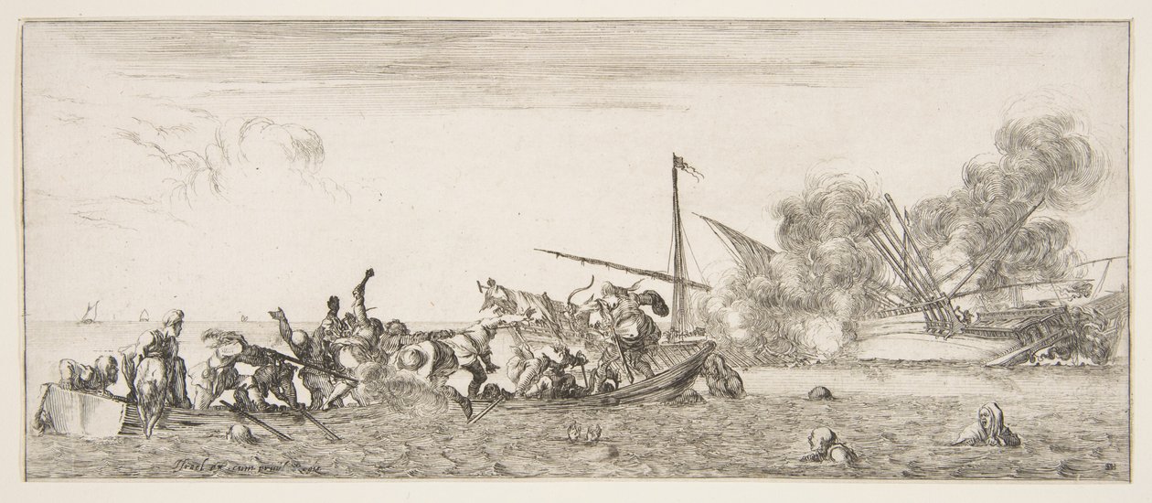 Zeeslag, een roeiboot gevuld met mensen die vechten met musketten naar links, mensen verdrinken..., ca. 1641 door Stefano della Bella