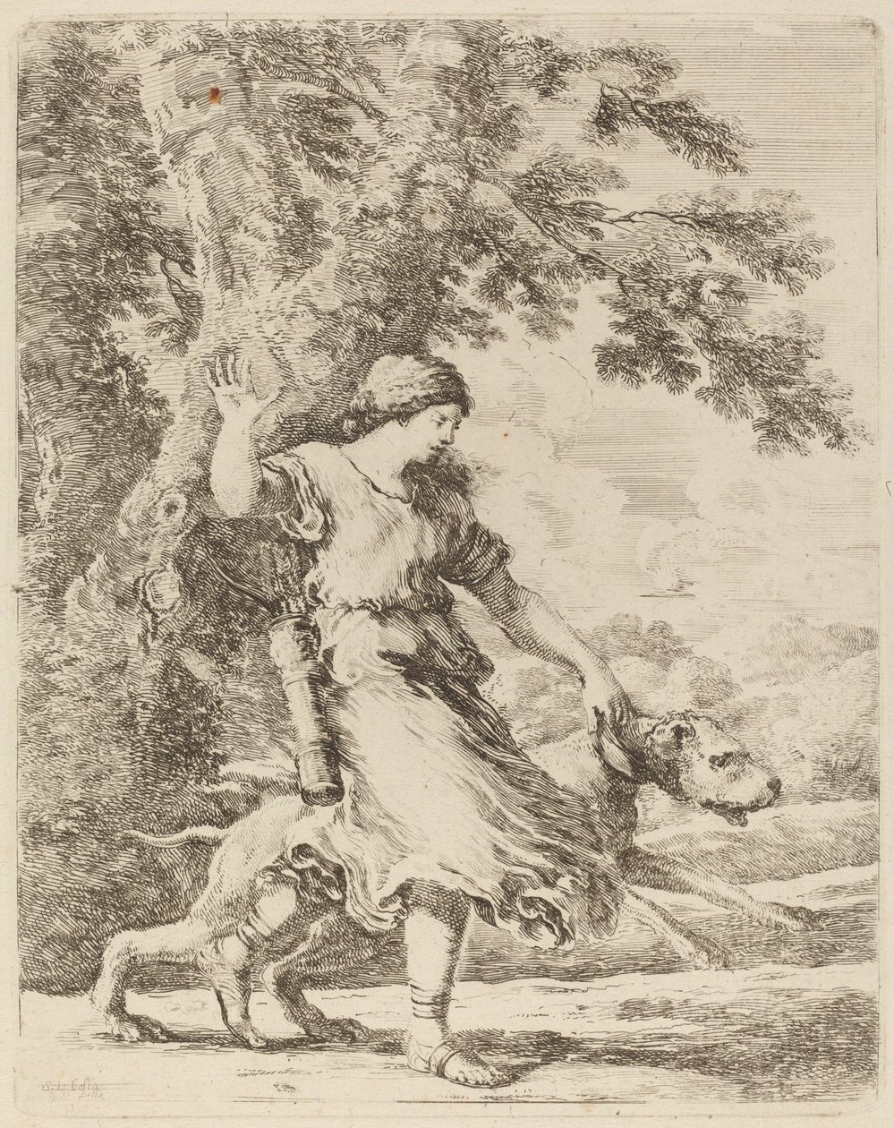 Nimf die een grote hond aan een halsband houdt door Stefano della Bella