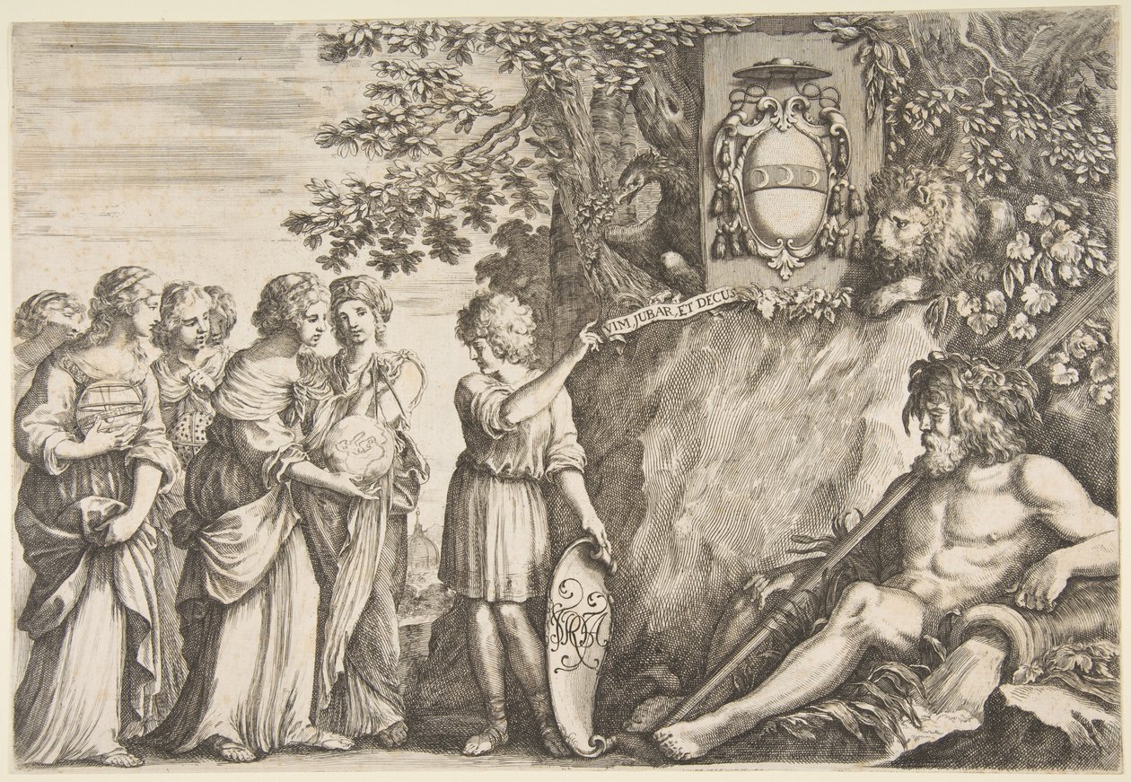 Ornamentontwerp voor een scriptie, het Strozzi-wapen bovenaan door Stefano della Bella