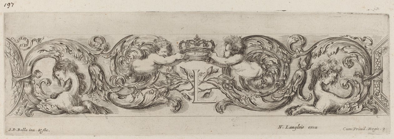 Ornamentale fries met letter L (Lodewijk XIV) door Stefano della Bella